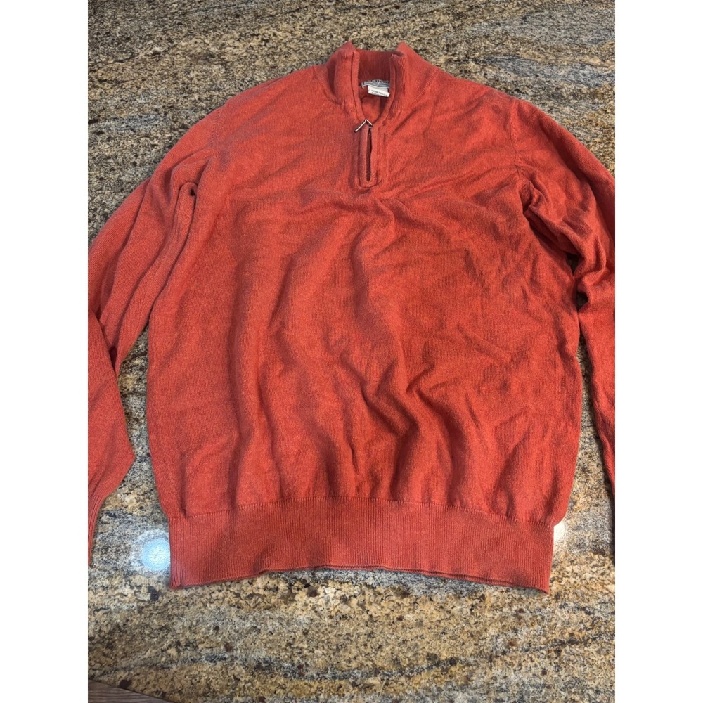 LL Bean Mens M Tall Cotton Cashmere 1/4 Zip Pullover Sweater Salmon‎ Orange